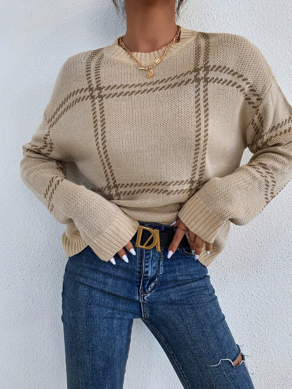 Zara Vintage Relaxed Round Neck Fall Sweater Casual Plaid Stripe Knitwear